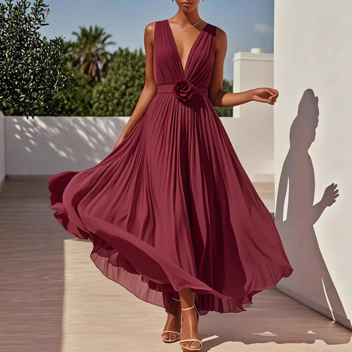 

2026 New Women's Pleated Deep V-neck Dress