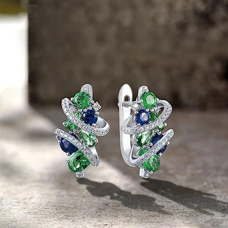 Huitan Green/Blue Cubic Zirconia Hoop Earrings for Women New Temperament Elegant Bridal Wedding Party Earrings Trendy Jewelry image 3