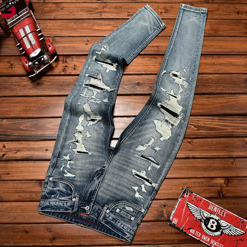 

2024 personality Street jeans men's fall slim fit skinny fashion fashion ripped patch scrape denim trousers