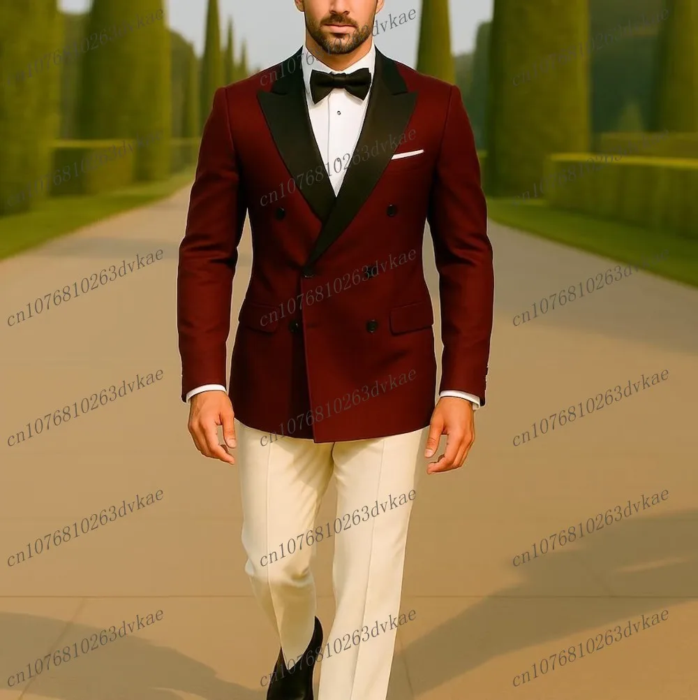 

Dark Red Black White Men Suit Wedding Party Formal Occasion Groom Groomsman Prom Business Male Tuxedos 2 Piece Set Jacket Pants