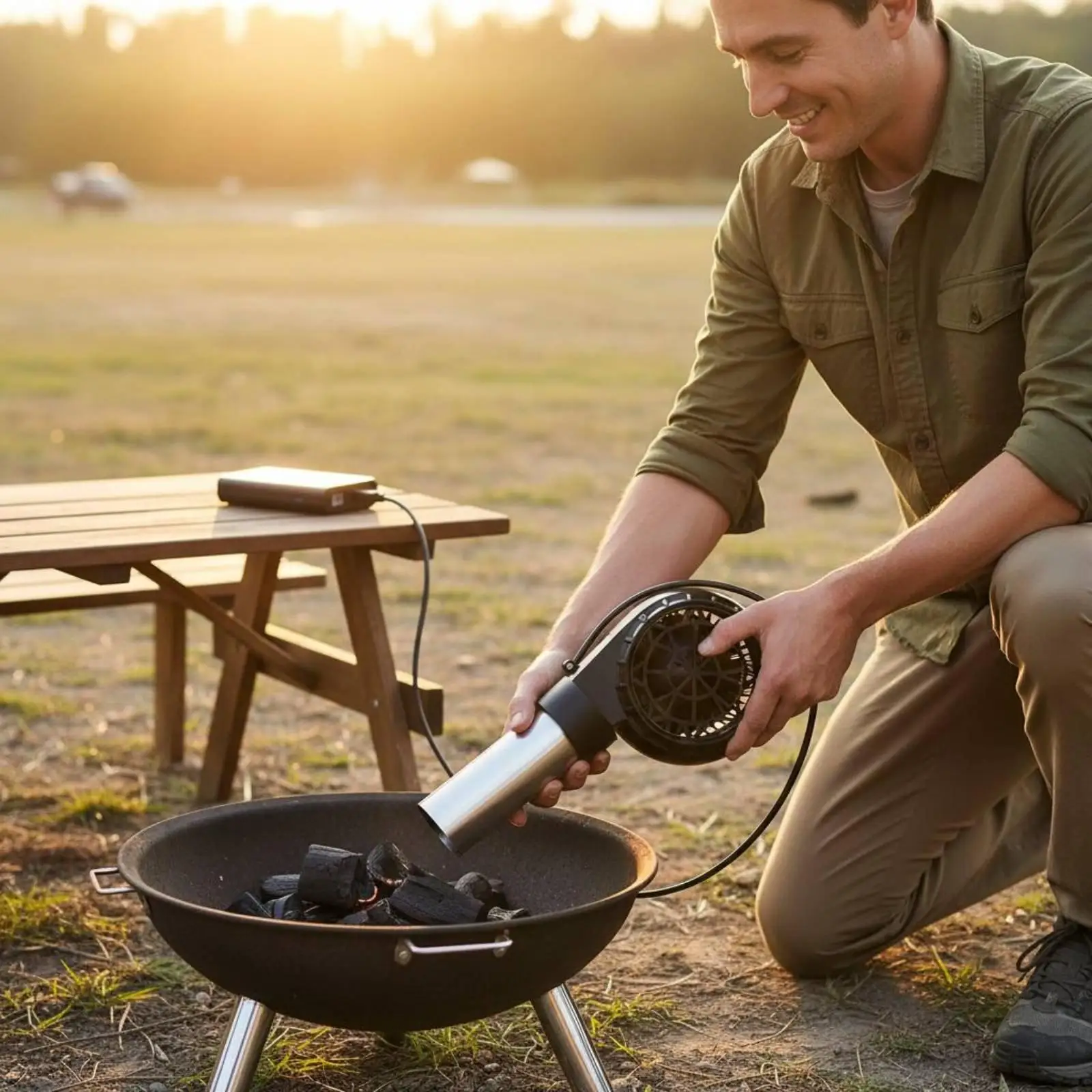 USB Combustion Starter Fan Strong Air Stream Electric Coals Blower Stainless Steel Nozzle Variable Speed BBQ Blower for