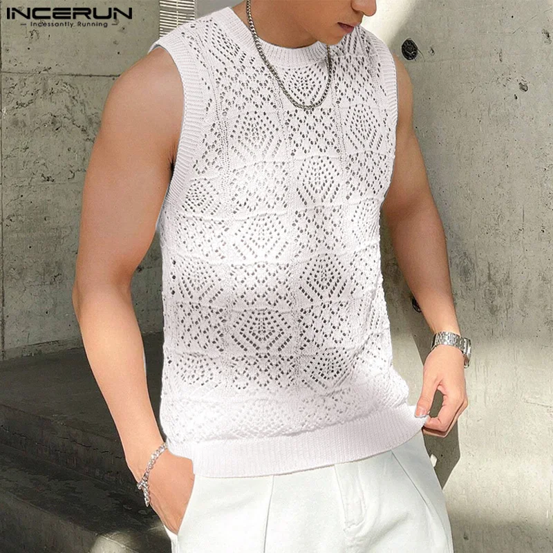 2024 Men Tank Tops Solid Lace Hollow Out O-neck Sleeveless Male Vests Summer Transparent Streetwear Fashion Men Clothing INCERUN