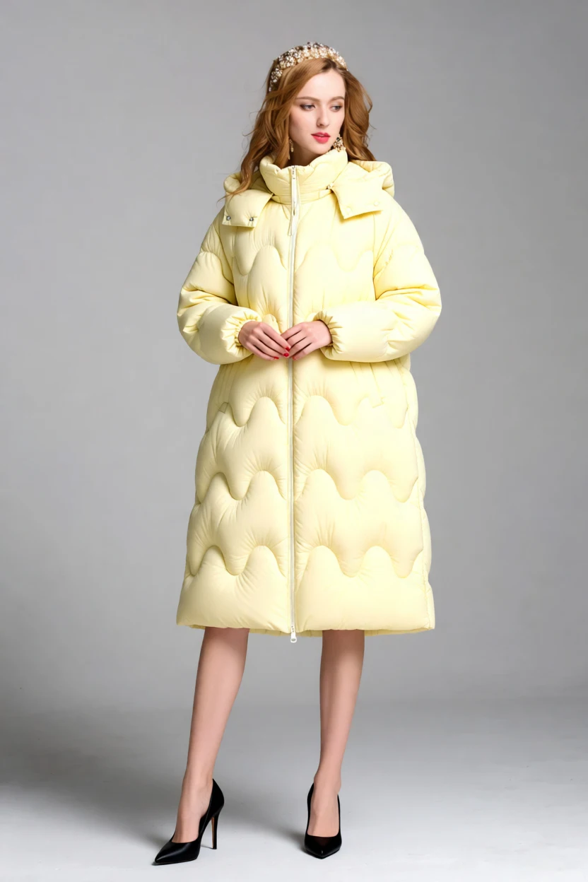 Women's Oversized Hooded Puffer Coat, Long Quilted Down Jacket with Wave Pattern, Yellow Winter Parka for Warmth & Style