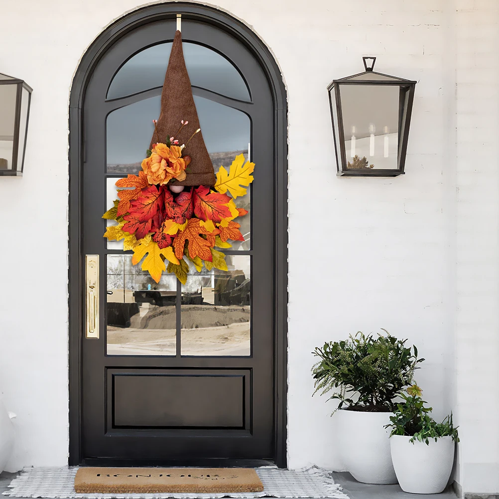 

Dark Maple Leaf Door Hanging Autumn Rattan Wreath Harvest Gnome Pendant Fall Decor Artificial Thanksgiving Home