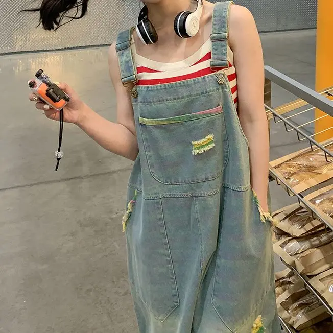 

American High Street Sle Ripped Denim Overalls Women's Summer New Loose Slimming Wide Leg Jumpsuits Trendy Jeans