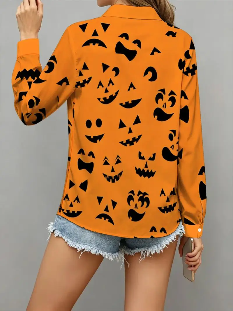 Damen-Halloween-Oberteil mit Kürbisdruck und langen Ärmeln – lustige, an Feiertage angelehnte Modeoberteile für Damen. – Detail 2