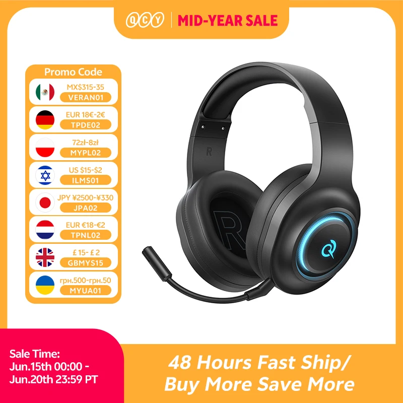 QCY Heroad V200 Gaming Over Ear Headphone Wireless Bluetooth 6.0 with Mic 50mm Driver 7.1 Surround Sound Dynamic EQ RGB Headset