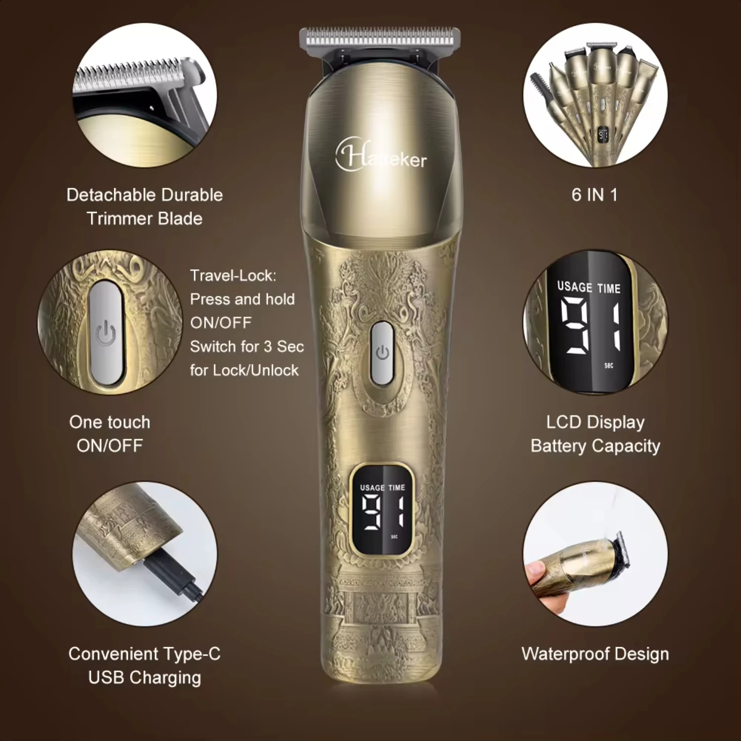 New 6 in 1 multifunction hair trimmer rechargeable wireless  baber haircut  men hair clipper