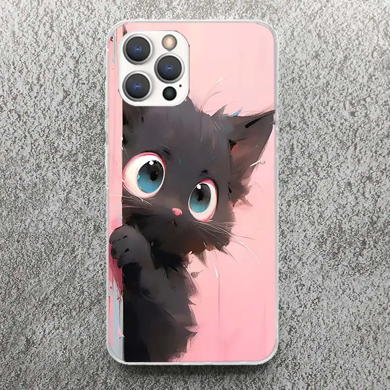 Anime Cute Black Cat Meow Phone Case For Apple iPhone 16 15 14 13 12 11 Pro Max Mini XS XR X 7 Plus 8 + SE Soft Silicone Print S