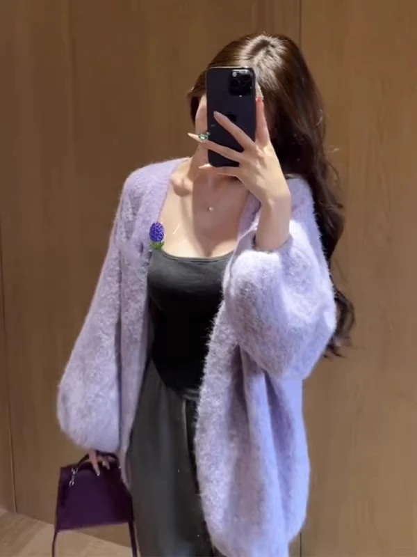 

Women's Lazy Knitted Outerwear Loose Fit Color Long Early Autumn Trendy Korean Purple Open Cardigan