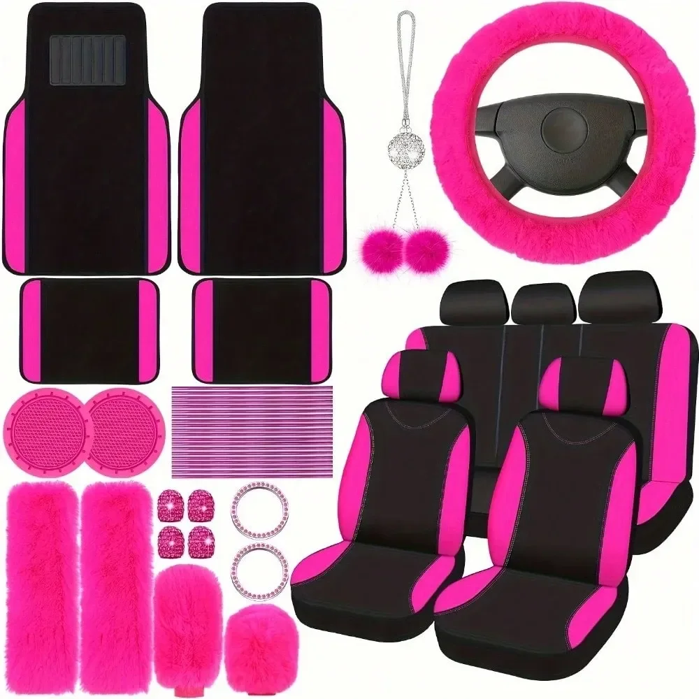 

Pcs Pink Car Seat Cover Set Full Car Seat Covers Front Rear Seat Covers Plush Steering Wheel Cover Seat Belt Car Mat Car Air Con