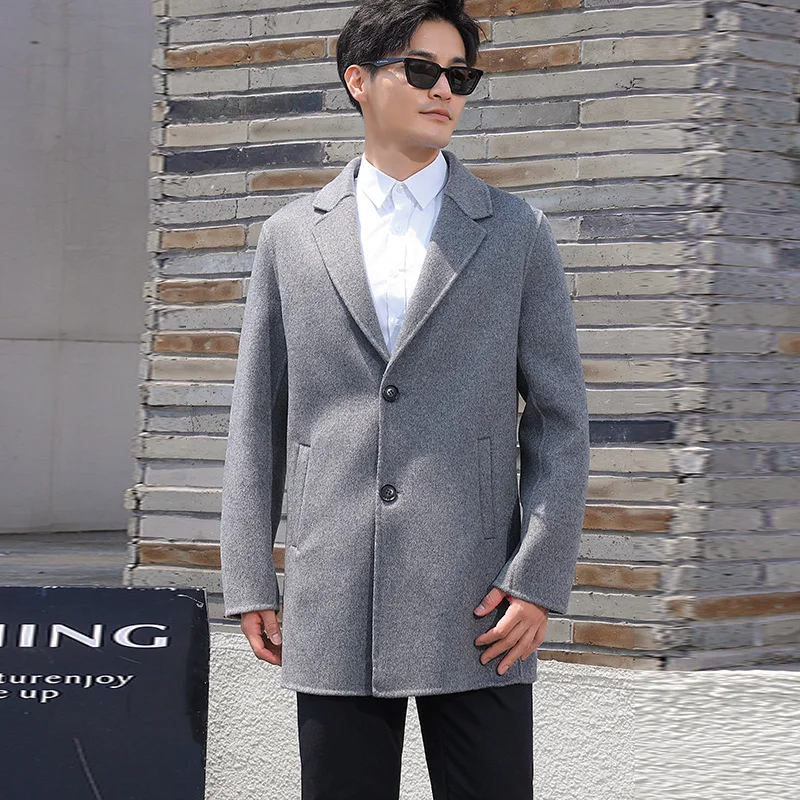 100% Wool Hand-Sewn Men's Coat Long Overcoats Boy Buttons Cardigan Long-style Woolen Coats Overcoat 2024 New