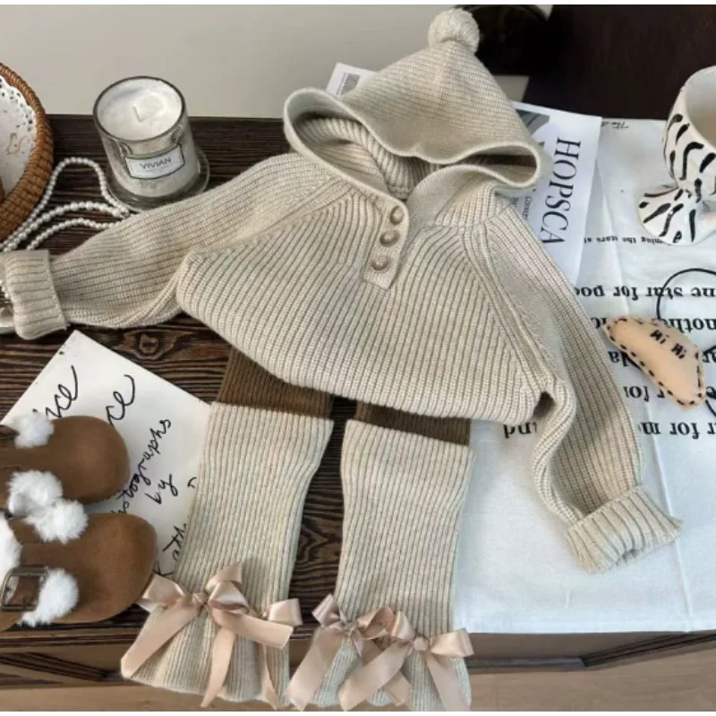 Korean Children's Clothing Set Solid Color 2025 New Autumn Hooded Knitted Sweater Woolen Base Pants Stacked Socks Two-piece Set