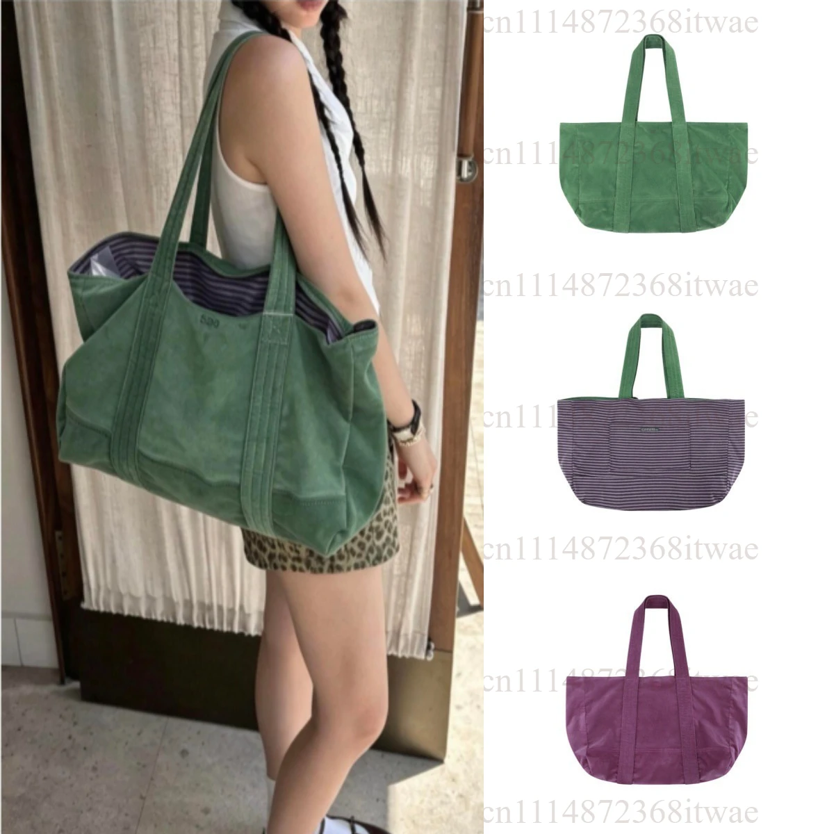 Double-Sided Canvas Large Capacity Shoulder Bag Pure Color Striped Tote Bag Fashionable Canvas Bag for Youth Casual Use 2026