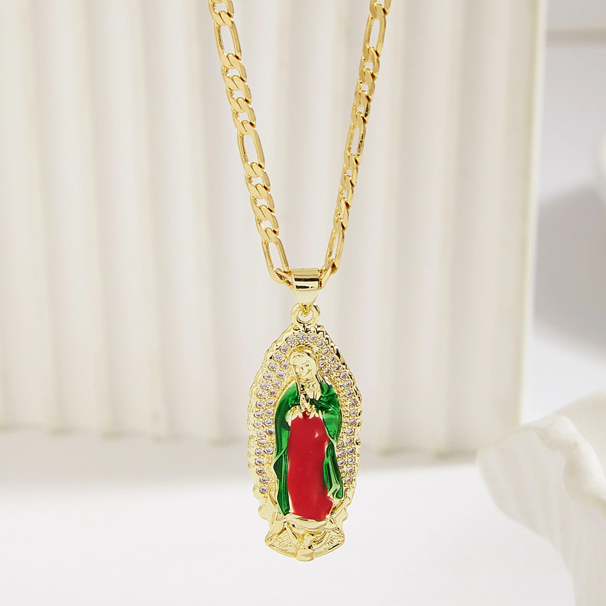 Gold Plated Painting Virgin Mary Mama Pendant Necklace Amulet Religious Virgen de guadalupe Multicolor Zircon Jewelry Gifts