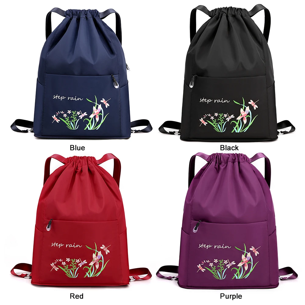 Women Drawstring Backpack with Zipper Pocket Fitness String Bag Waterproof Floral Print Backpack Multifunctional Sports Gym Bag