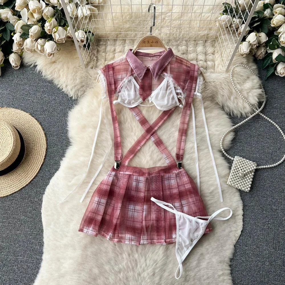 

Cross Strap Lace Pleated Skirt Set Japan JK Pink Plaid Mini Skirt Sexy Backless Crop Top Role-playing Women's Secret Uniforms