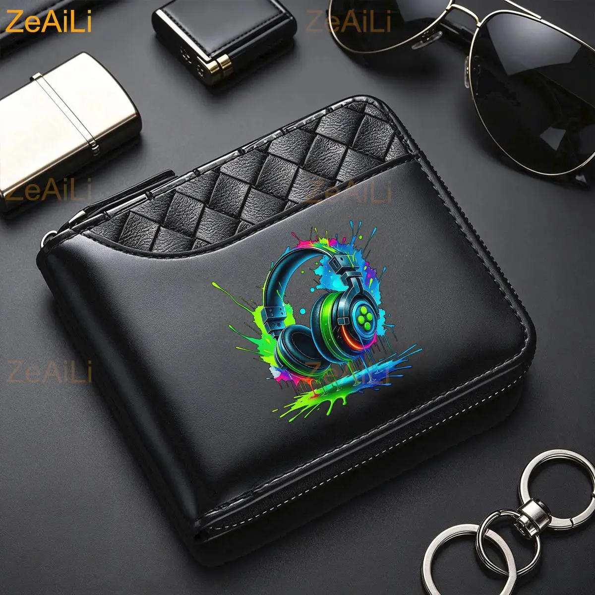 Color Headphones PU Leather Men'S Bifold Wallet, Lightweight Card Holder, Can Store Cash, ID Card, Credit Cards Perfect Gift