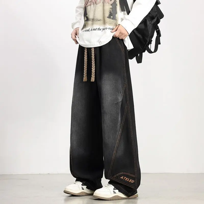 

2026 Embroidery Trend Split and Spliced Jeans Men's Spring and Autumn New Washed Straight Loose Scimitar Pants Work Trousers