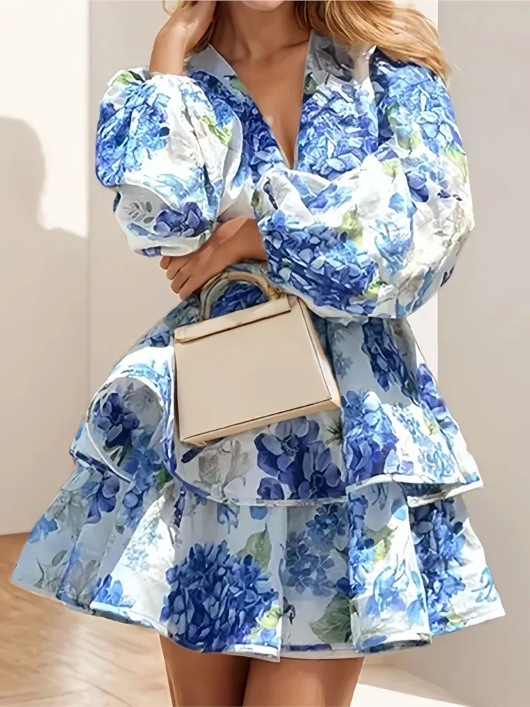 Autumn Printed Ruffled Hem Deep V-neck Puffy Mini Dress Women Long Sleeve Elegant Vacation Party Short Dresses 2025 Spring Robe - Image 2