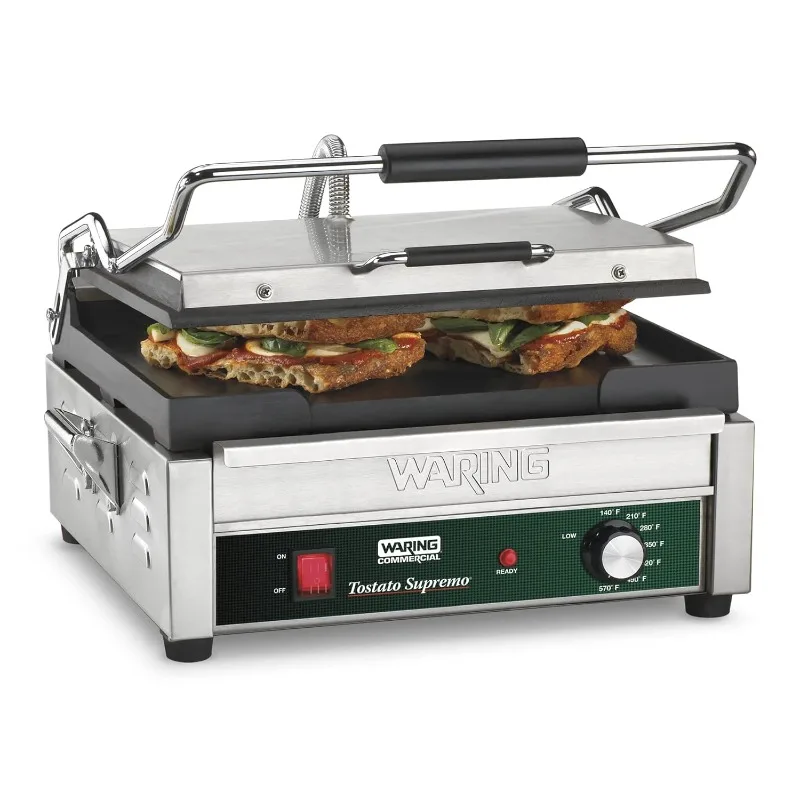 

Large Flat Toasting Grill, 120V, 1800W, 5-15 Phase Plug, Brushed stainless steel body and removable drip tray, Silver