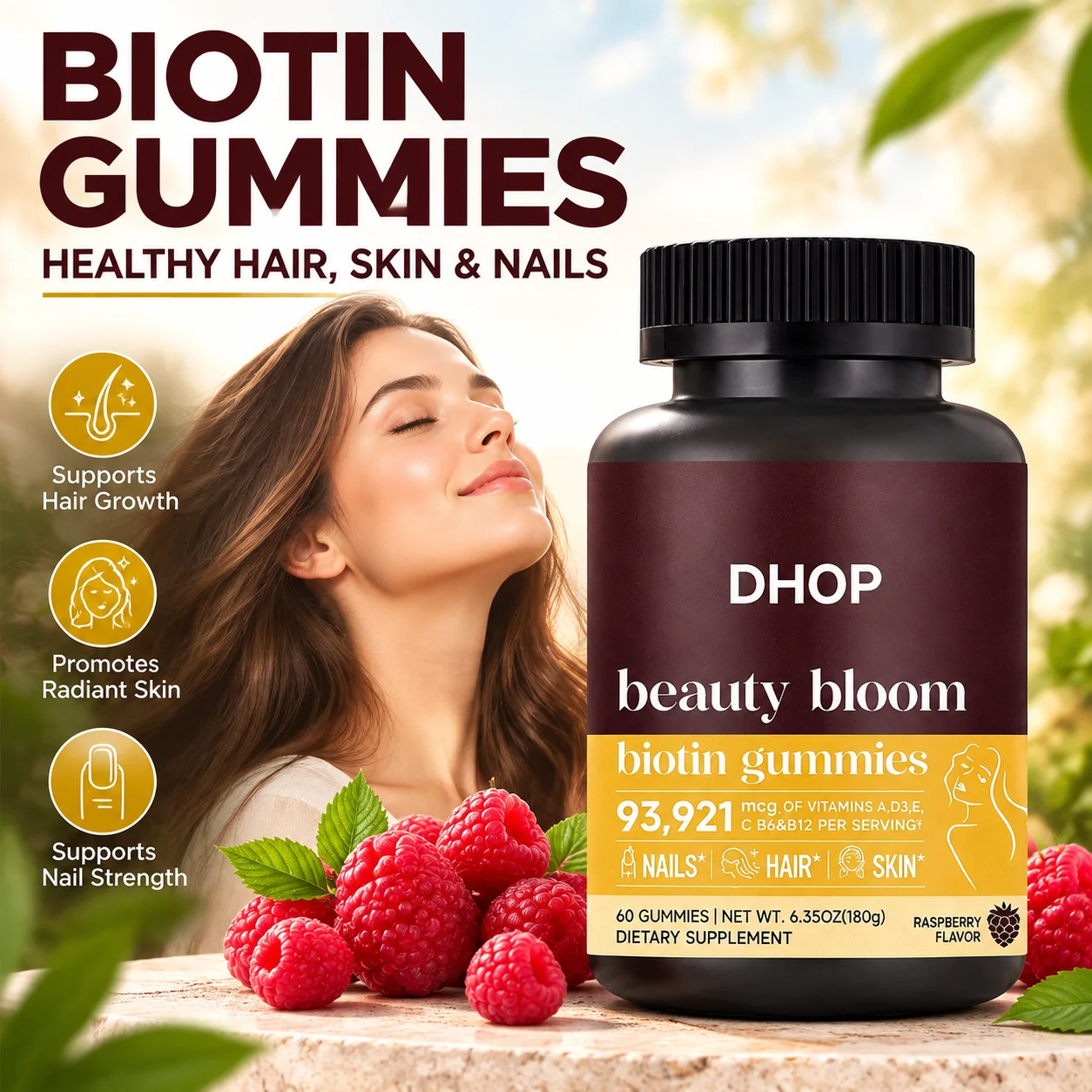 Biotin Gummies Promotes Hair Growth Radiant Skin Nail Strength Vitamin B6 B12 C D E 60pcs Raspberry Flavor Women Beauty Bloom