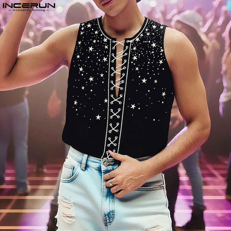 

INCERUN Men Tank Tops Printing V Neck Sleeveless Summer Casual Male Vests Streetwear 2025 Fashion Lace Up Men Clothing S-5XL
