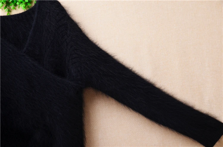 Elegant Fashion Ladies Women Clothing Black Hairy Mink Cashmere Knitted V-Neck Slim Blouses Pullover Angora Fur Jumper Sweater