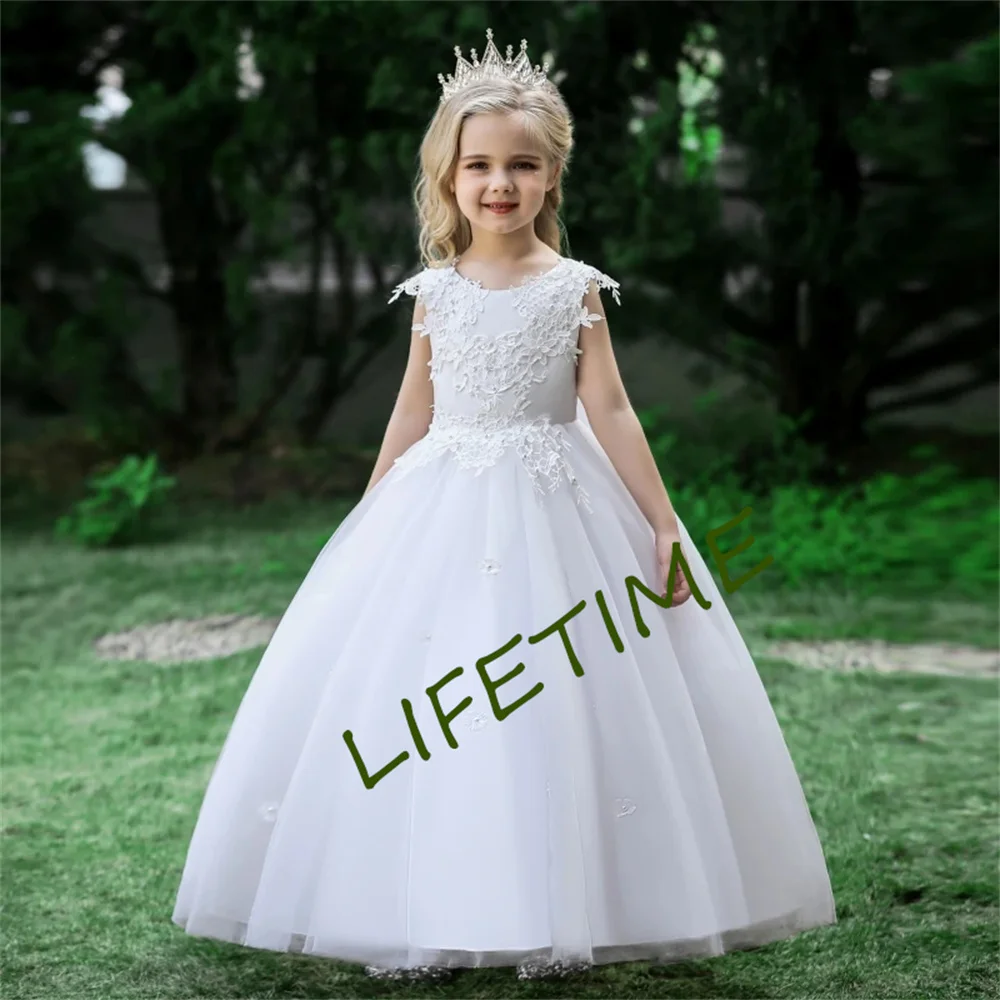 Robes bouffantes en tulle avec nœud pour filles, appliques simples, fleur, mariage, anniversaire charistique, fête, première année, enfant