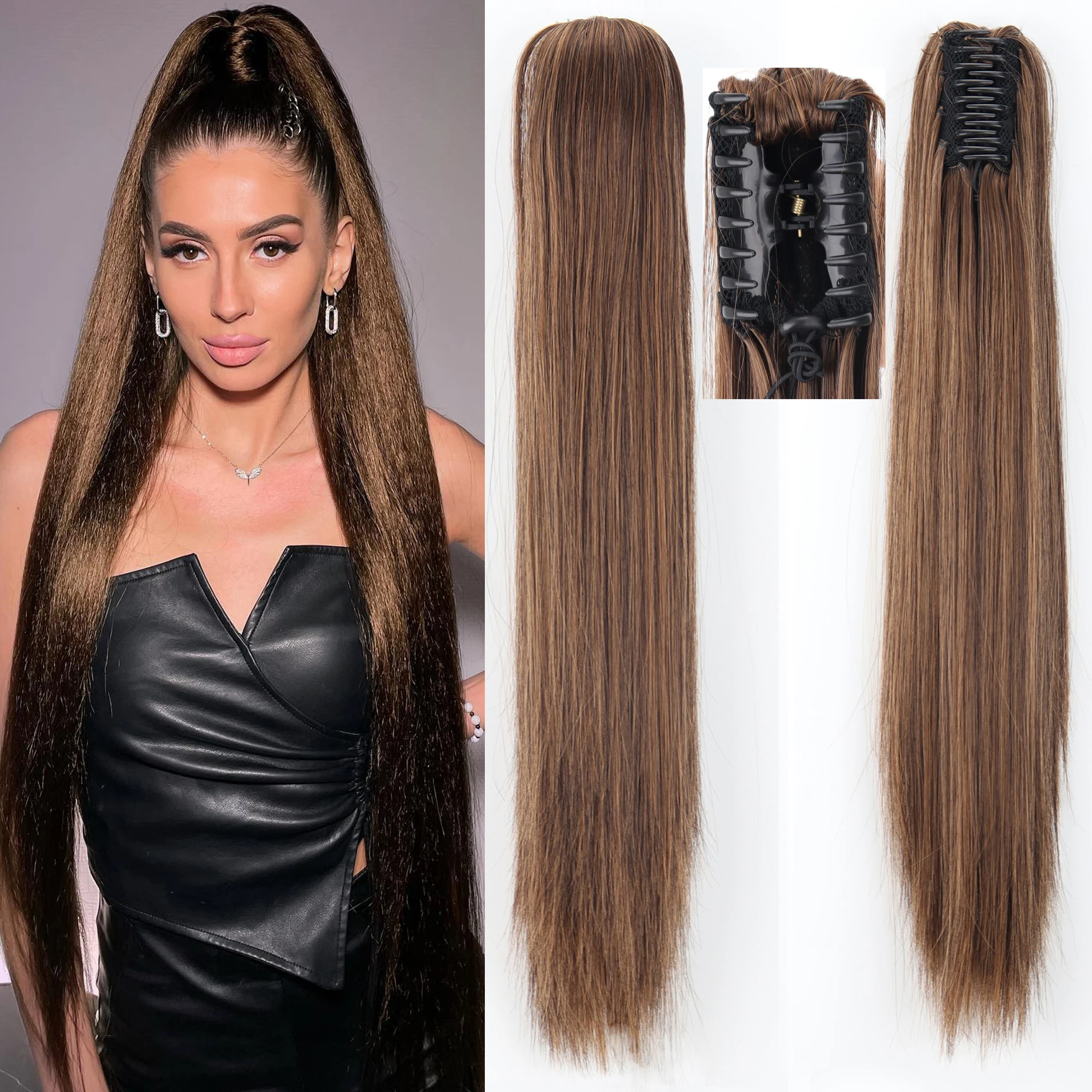 24Inch Curly Wavy Claw Clip On Ponytail Hair Extension Synthetic Black Dack Brow Pony Tail Hair Hairpiece Hairstyle