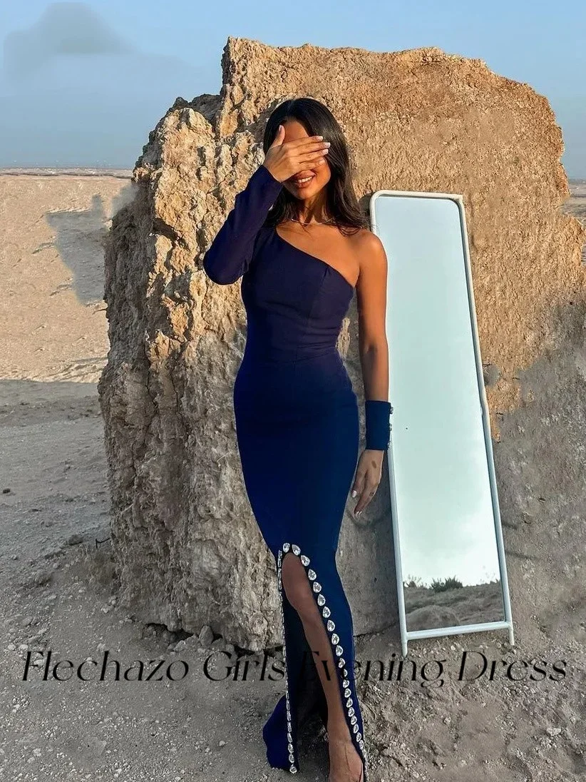 Flechazo Royal Blue Evening Dresses One Shoulder High Slit Crystal Floor-length Evening Dress For Women 2024 vestidos de noche