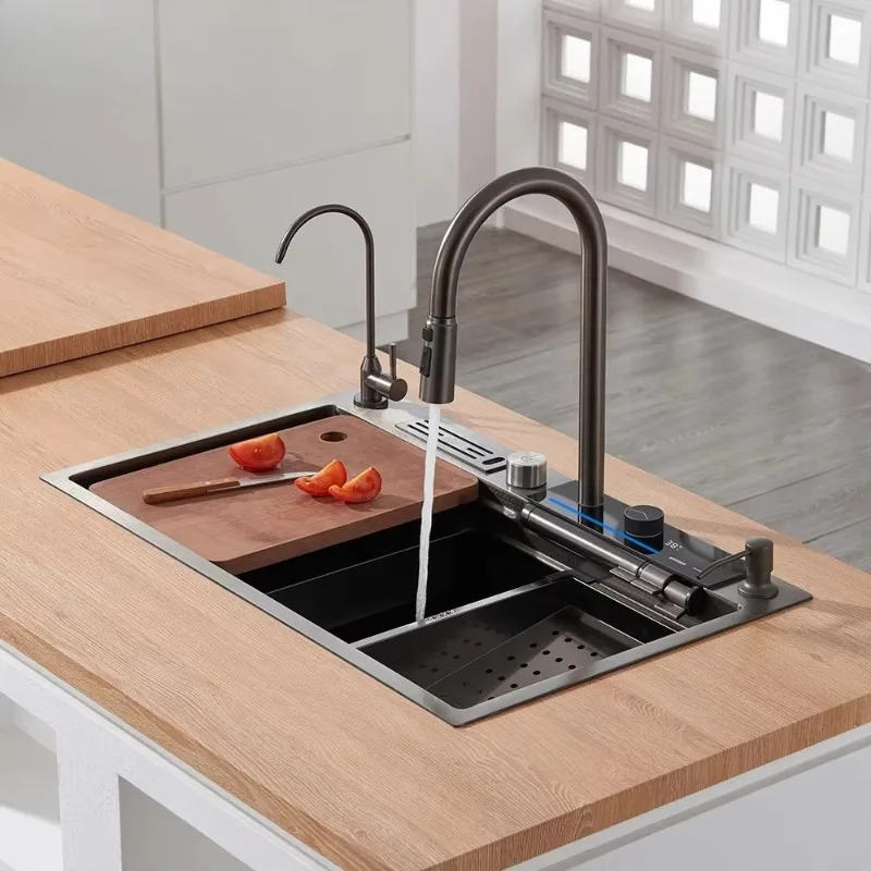 

Hot Selling Modern Large Single Bowl Waterfall Multifunctional Digital Display Kitchen Sink with Faucet
