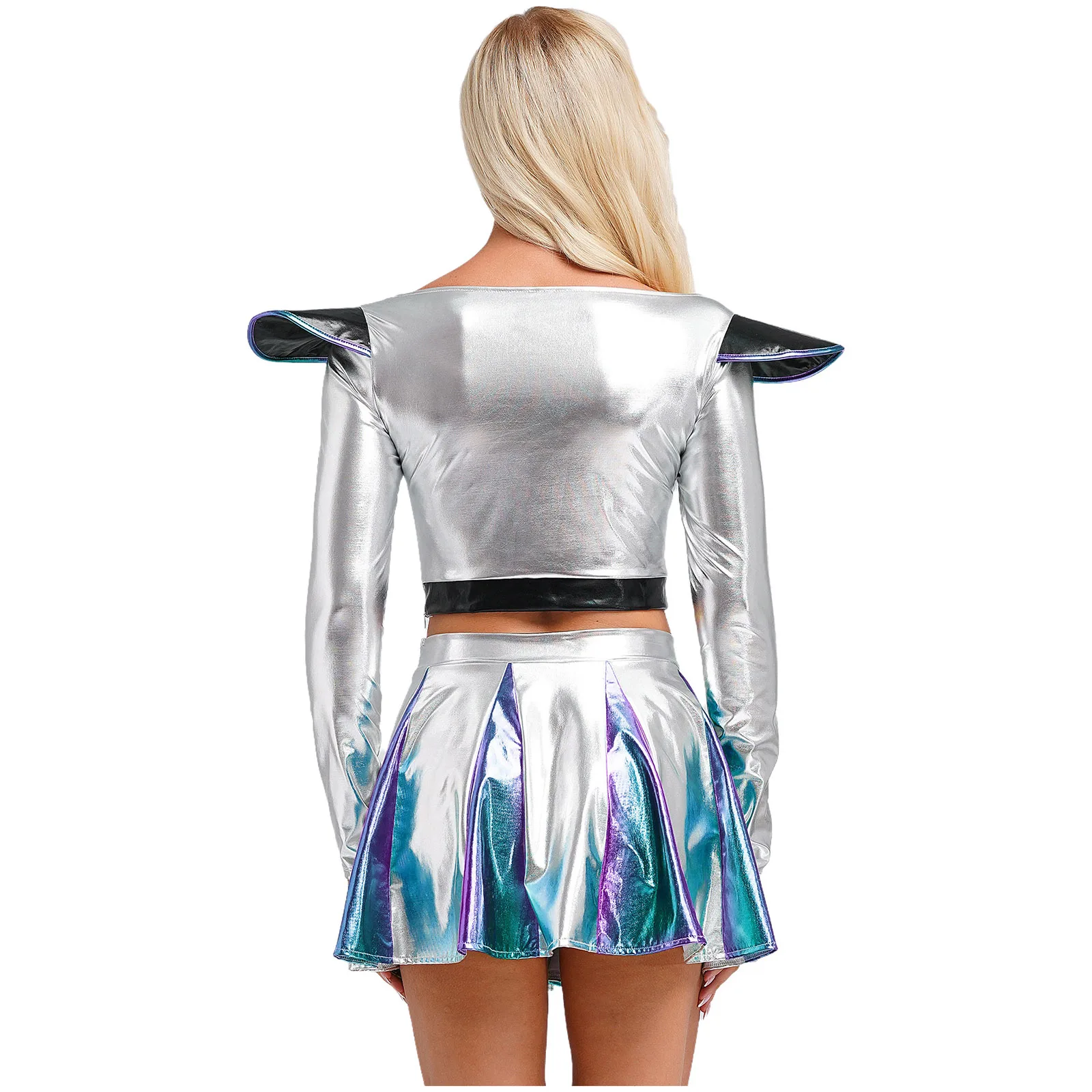 Holographic Long Sleeve Top with Mini Skirts Set Women Sweetheart Robot Alien Astronaut Role Play Costume for Theme Party Raves