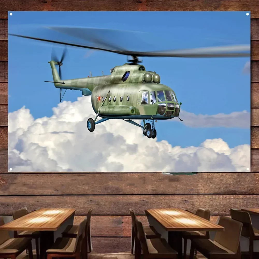 Mi-17 Hip Transport Helicopter Picture Flag Air Force Wall Art Poster Artwork Banner With 4 Metal Ring Buckles Ready to Hang