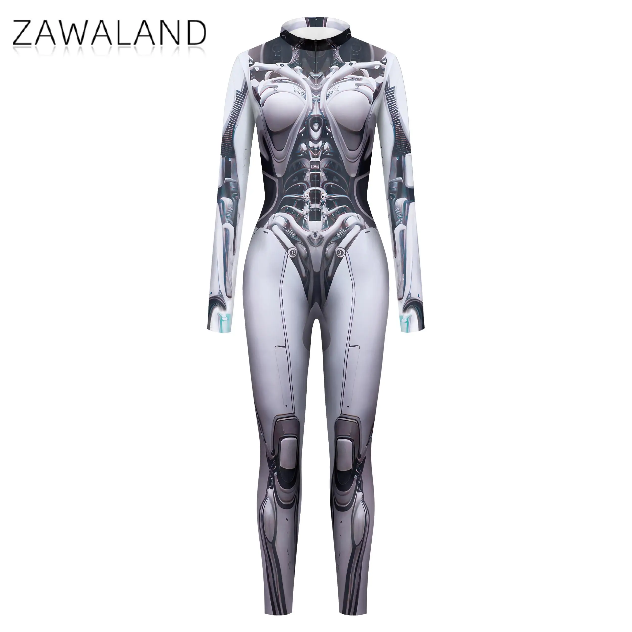 Cosplay Punk Robot Bodycon Women Jumpsuit Y2K Techwear Gothic Punk Playsuits Anime Women Mock Neck Zip Bodysuit Halloween Outfit