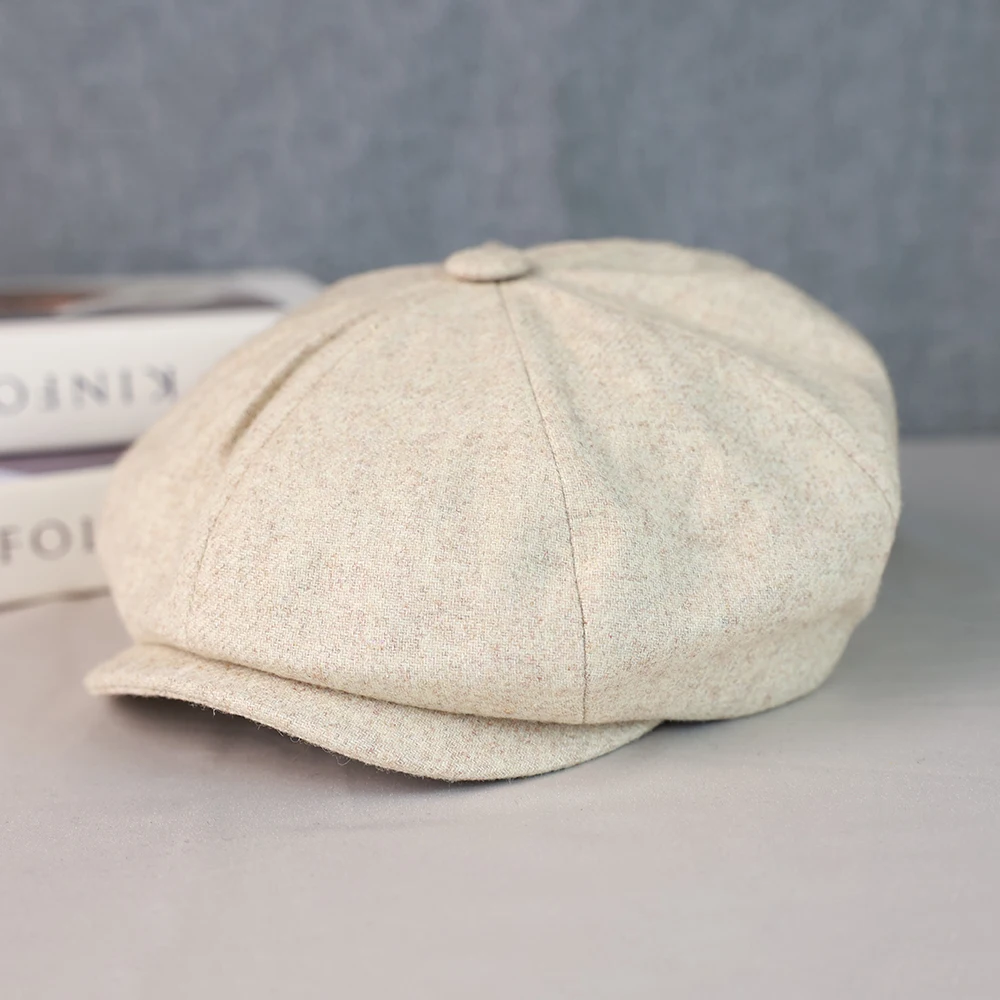 Wool Newsboy Cap Men Grey Beige Solid Color Flat Caps Women Men British Painters Hat Soft Autumn Winter hats Octagonal Cap 018