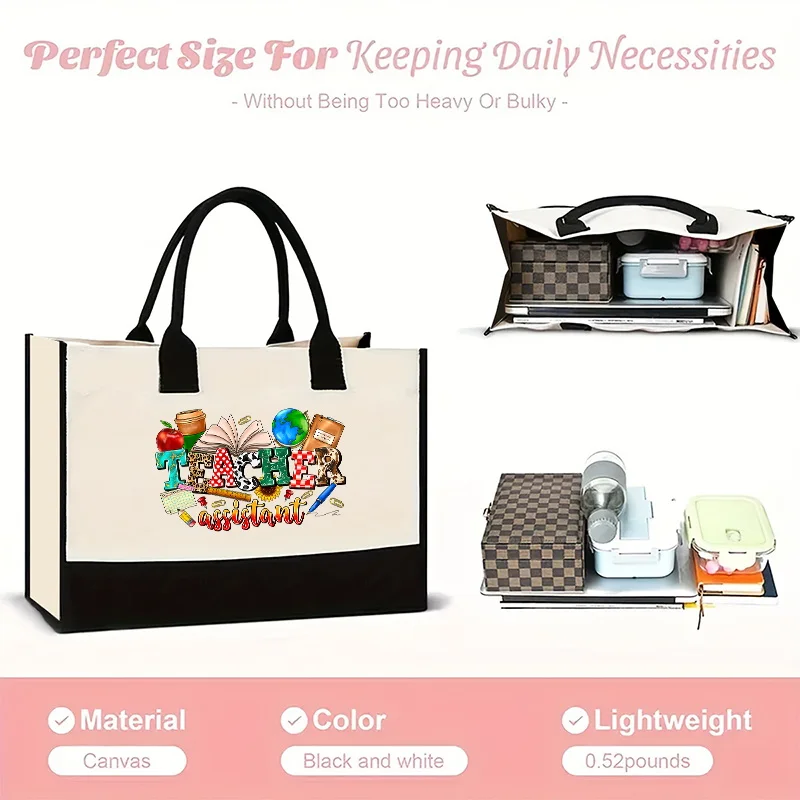 Teacher printed large capacity shoulder bag, portable canvas handbag, outdoor short distance travel shopping bag