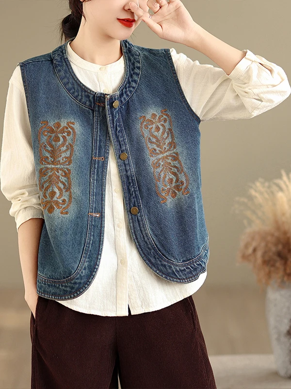Primavera 2026 étnico sle bordado esticado denim colete tamanho grande feminino botão de sincera redondo ne aberto cardigan