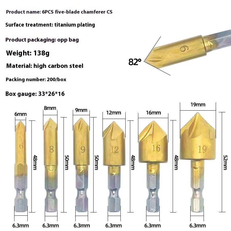 6PC Hexagonal Handle Titanium Plated Five Edge Chamfering Knife Countersunk Drill 6-19mm Woodworking Spot Facer Tool Set