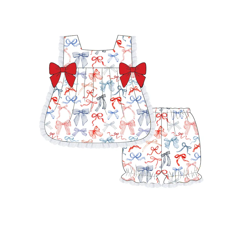 4th of July Independence Day Flag and Watermelon Print Girls Summer Sleeveless Lace Top Shorts Boutique Set