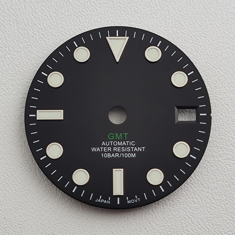 28,5 мм циферблат NH34 стрелки GMT четыре стрелки зеленый светящийся циферблат для часов NH34 модифицированный механизм запасные части для часов