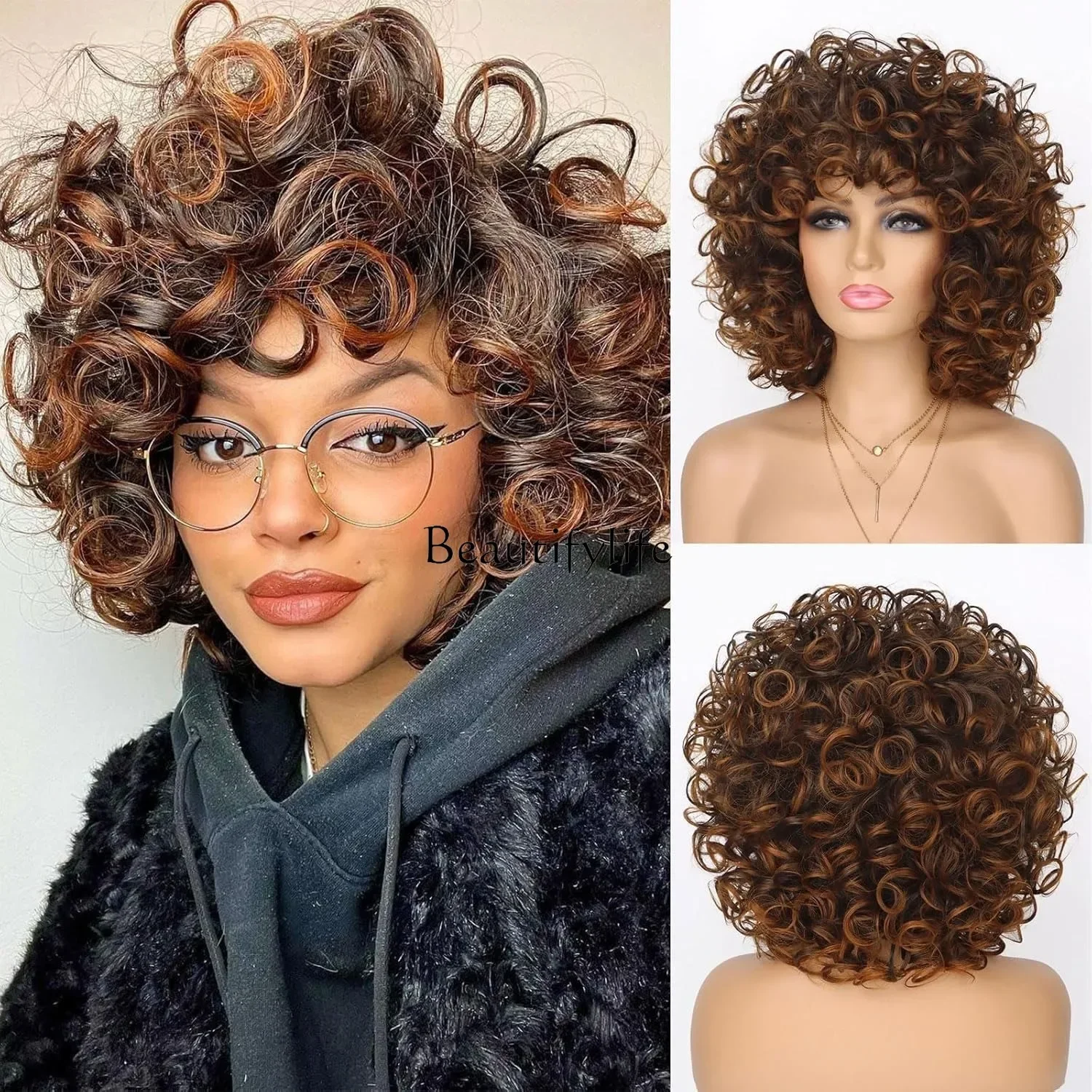 

Wig, natural fluffy everyday for women, bangs big loose synthetic soft curls