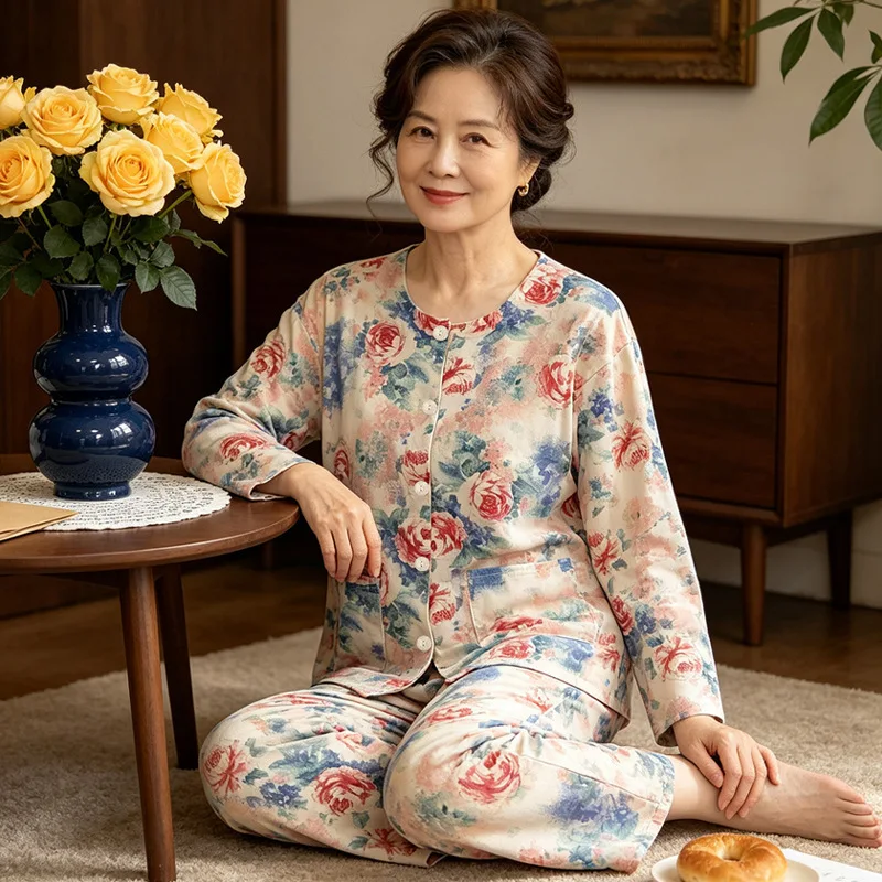 Floral Cotton Imitation Pajama Set with Long Sleeves and Long Pants for Mom, Featuring A Round-neck Design for Home Wear.