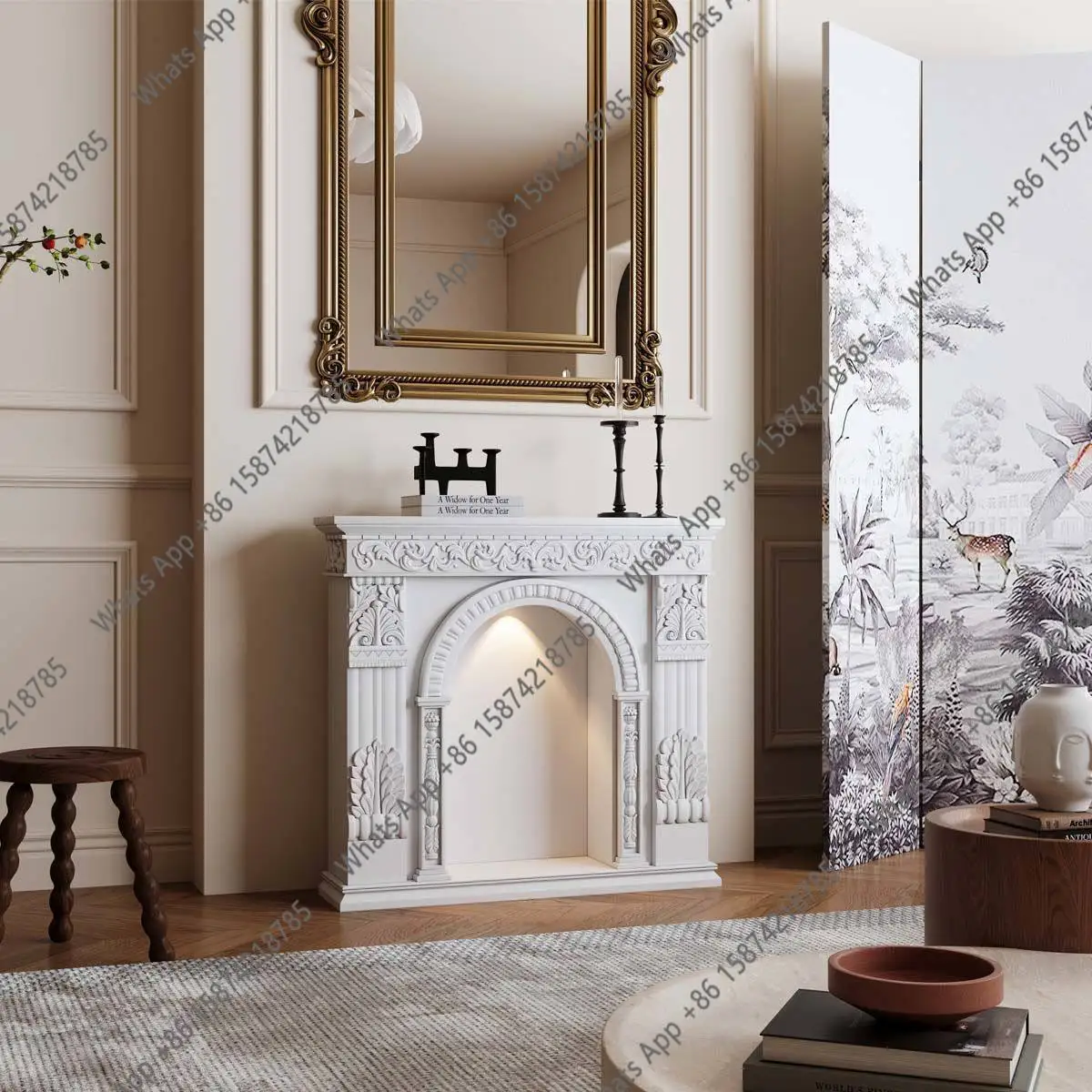 

Французский камин, декоративный шкаф, прихожая с подсветкой, каминная полка, гостиная, резной декор в европейском стиле, атмосфера уюта