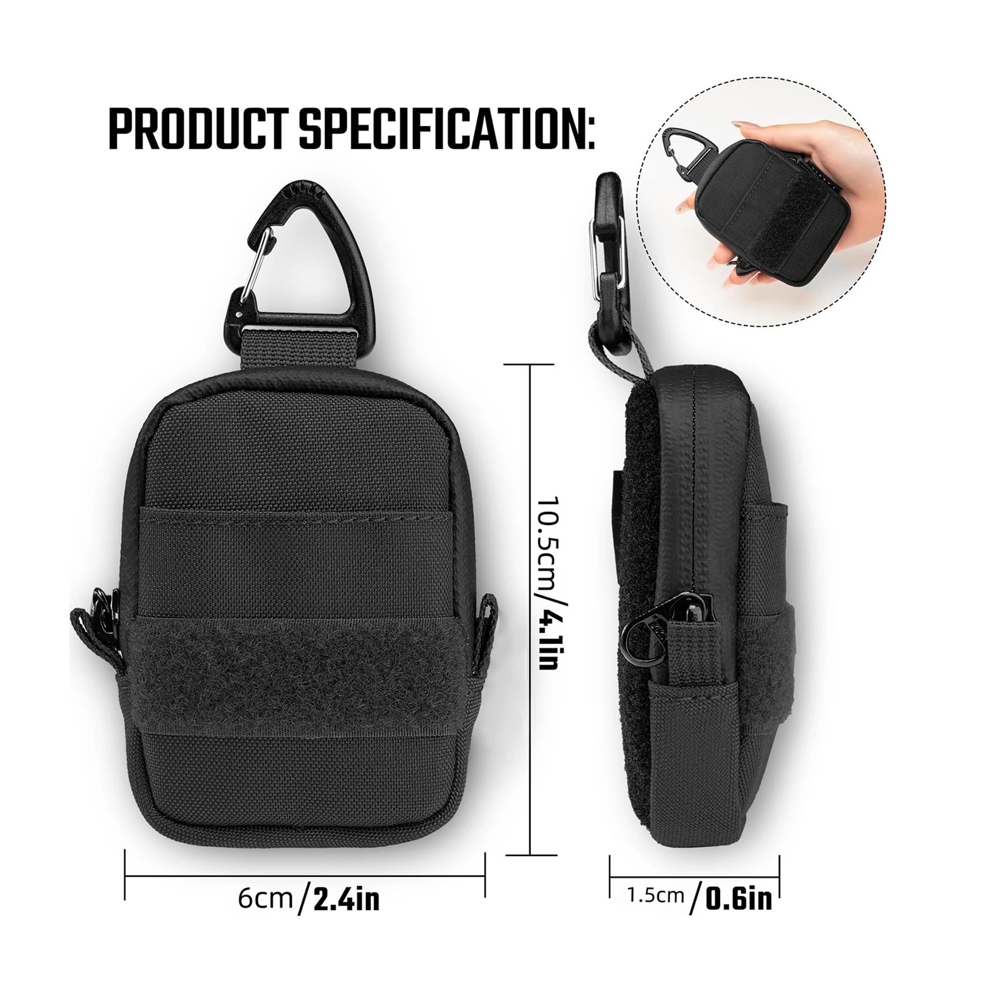 A6 Mini Size EDC Utility Pouch, Mini Coin Purse with Custom Carabiner, EDC Mini Size Pocket Organizer, Key Waist Case for Daily