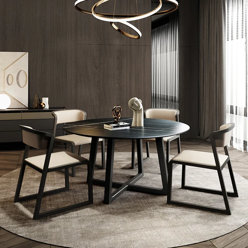 

Italian Modern round Dining Tables and Chairs Light Luxury Stone Plate Rotating Dining Table