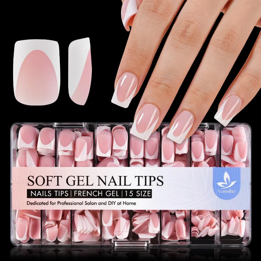 

Vansiho Deep French Gel Nail Tips 600Pcs Short Square Soft Gel Nail Tips in Pink French Design for DIY Nail Art Includes 15 Dif