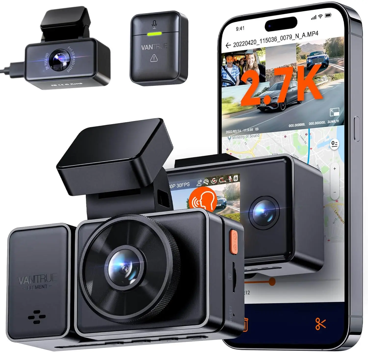 

Vantrue E3 3 Channel 2.7K WiFi Front and Rear Inside Dash Cam, 3 Way Triple GPS Dash Camera 1944P+1080P+1080P with