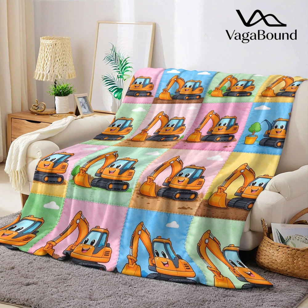 Orange Excavator Cloud Grid Flannel Blanket Perfect for Sofa Office Bed Travel Sleep Read Relax Camping Four Season Use