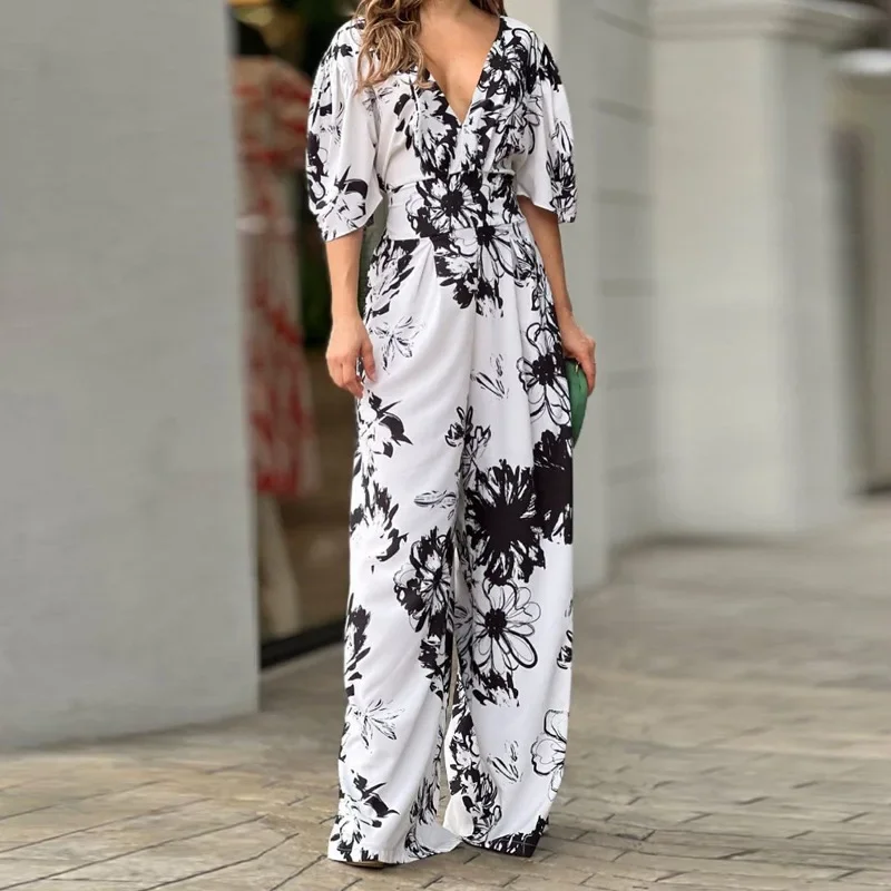 2024 Zomer Nieuwe Damesmode Elegante Print Losse Vleermuismouwen Jumpsuit Met Hoge Taille